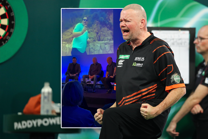 Fans krijgen beelden van zingende Raymond van Barneveld te zien, vrouw Julia kijkt lachend toe