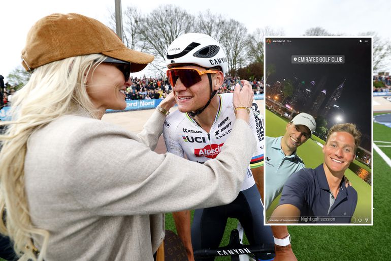 Mathieu van der Poel geniet in de zon na glorieus wielervoorjaar: 'hete' lunch met vriendin Roxanne en 'swingen' op de golfbaan