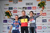 Tim Wellens, Remco Evenepoel en Jasper Philipsen na het Belgisch kampioenschap.

© GettyImages