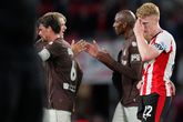 Telstar viert feest, PSV-er Jerdy Schouten baalt na 0-2 winst van Telstar op bezoek bij PSV © GettyImages.