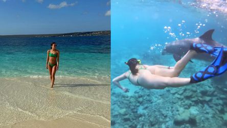 Femke Kok straalt op vakantie in groene bikini, schaatscollega Marrit Fledderus zwemt met dolfijn