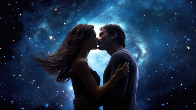 Романтична двойка, целувка, космос