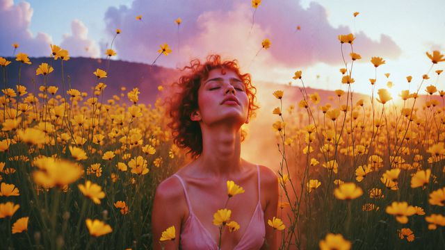 Жена, цветя, поляна