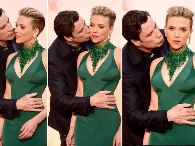 Траволта и Йохансон с неловка снимка от Оскарите